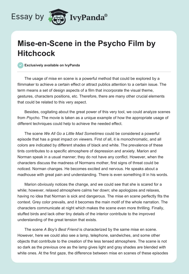 Mise-En-Scene in the "Psycho" Film by Hitchcock. Page 1