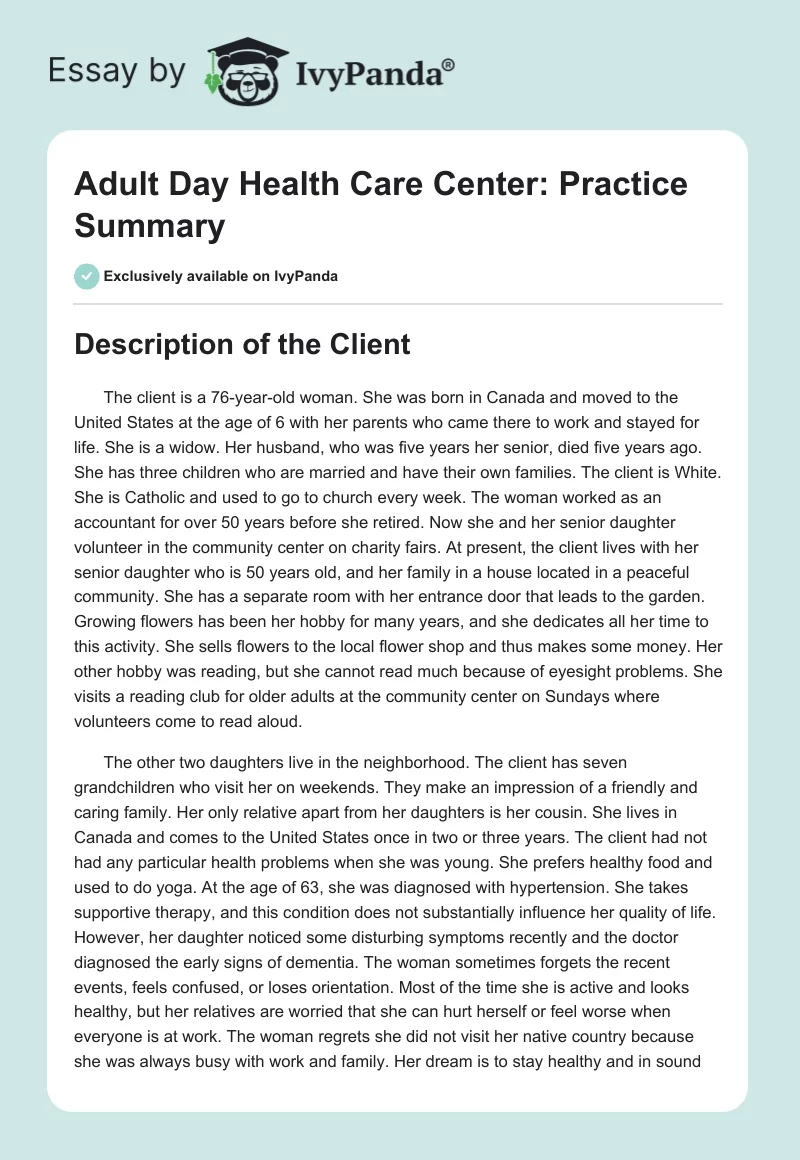 Adult Day Health Care Center: Practice Summary. Page 1