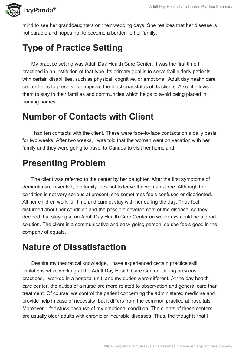 Adult Day Health Care Center: Practice Summary. Page 2