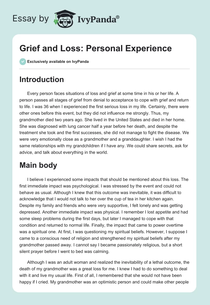 Grief and Loss: Personal Experience. Page 1