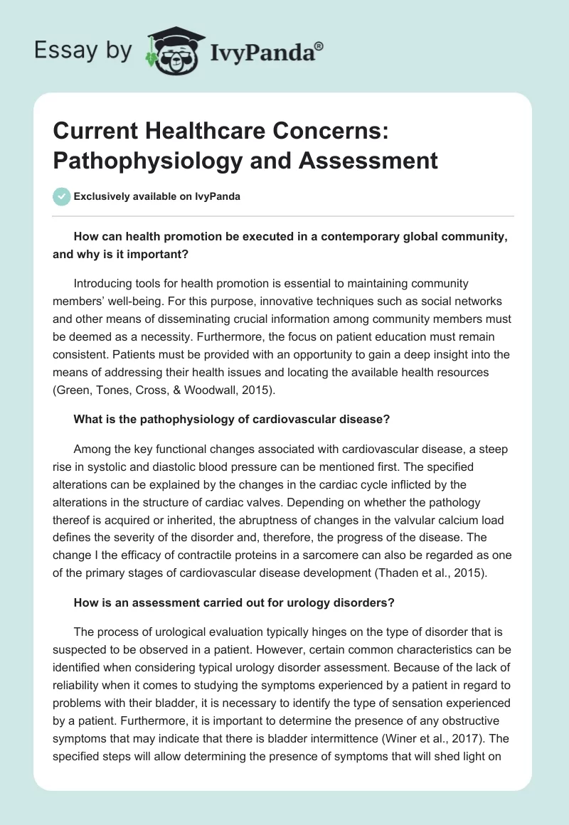 Current Healthcare Concerns: Pathophysiology and Assessment. Page 1