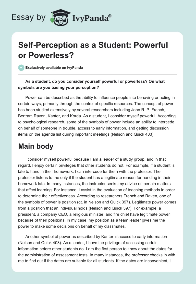 Self-Perception as a Student: Powerful or Powerless?. Page 1