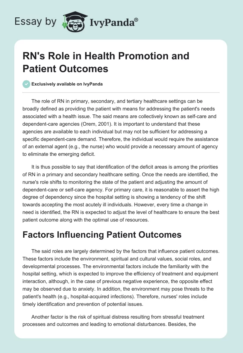 RN's Role in Health Promotion and Patient Outcomes. Page 1