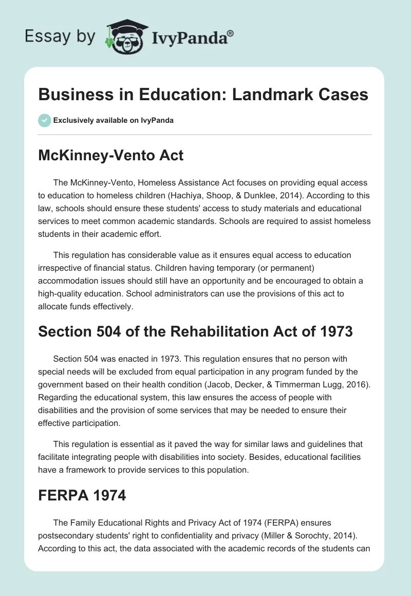 Business in Education: Landmark Cases. Page 1