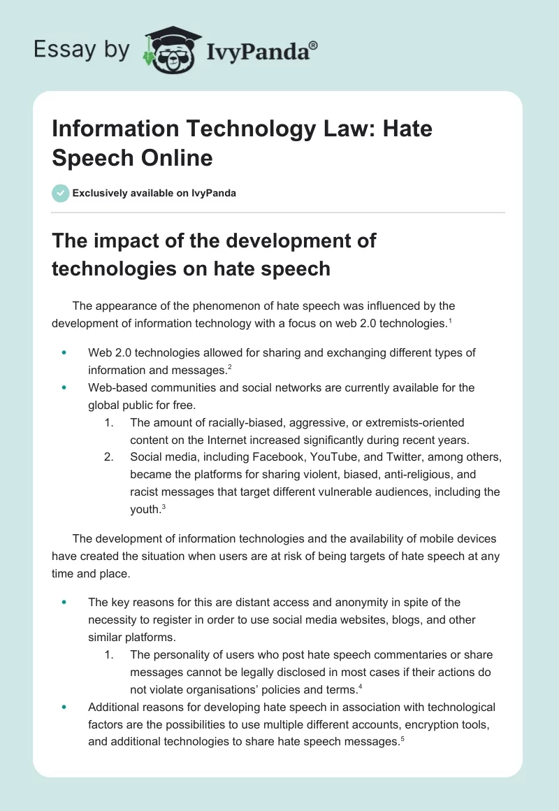Information Technology Law: Hate Speech Online. Page 1