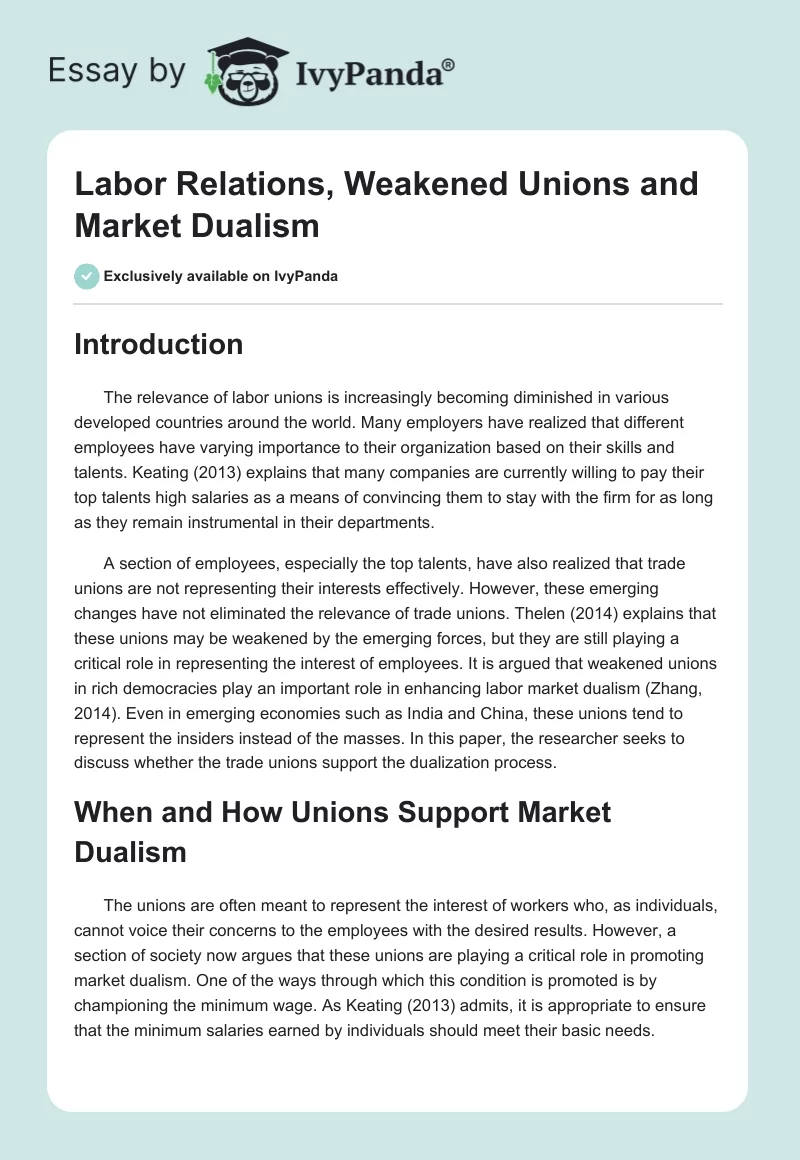 Labor Relations, Weakened Unions and Market Dualism. Page 1