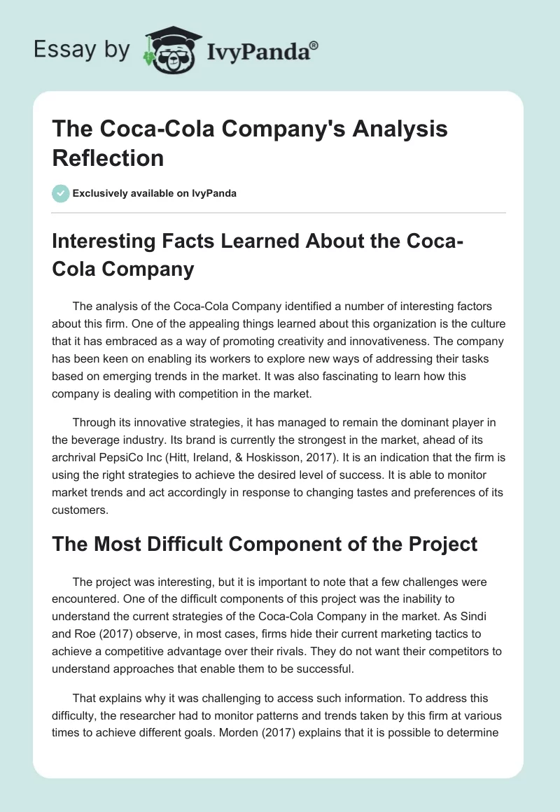 The Coca-Cola Company's Analysis Reflection. Page 1