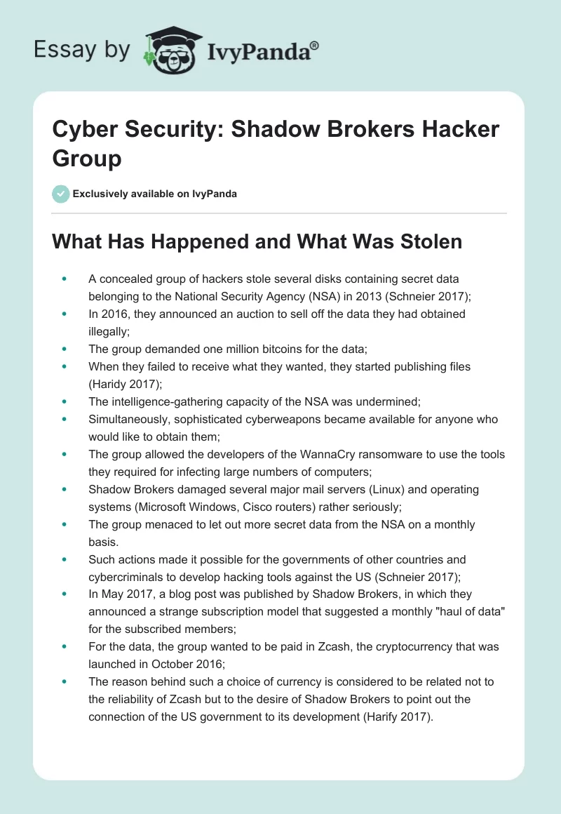 Cyber Security: Shadow Brokers Hacker Group. Page 1