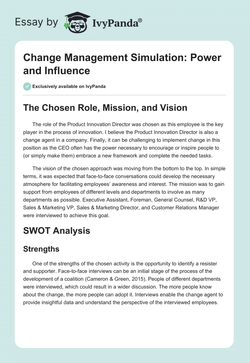 Change Management Simulation: Power and Influence. Page 1