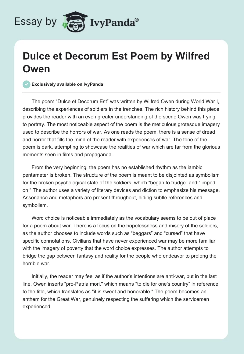 "Dulce et Decorum Est" Poem by Wilfred Owen. Page 1
