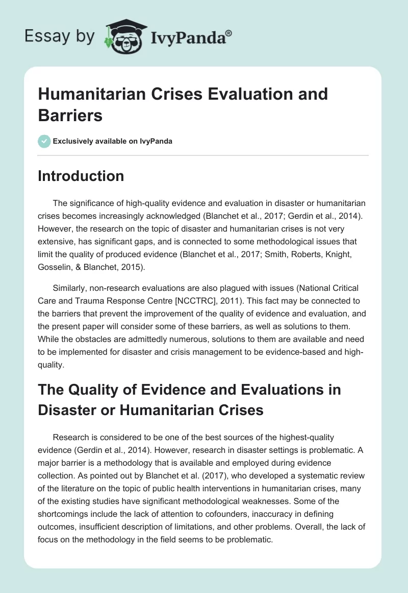 Humanitarian Crises Evaluation and Barriers. Page 1