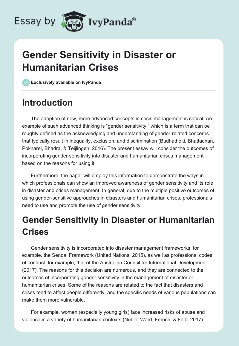 Gender Sensitivity in Disaster or Humanitarian Crises. Page 1