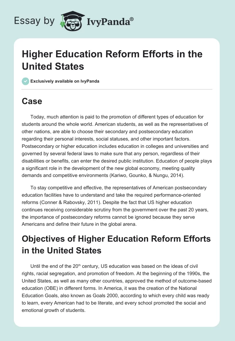 Higher Education Reform Efforts in the United States. Page 1