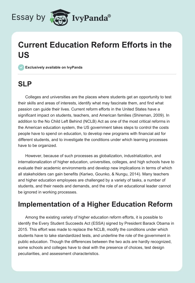 Current Education Reform Efforts in the US. Page 1