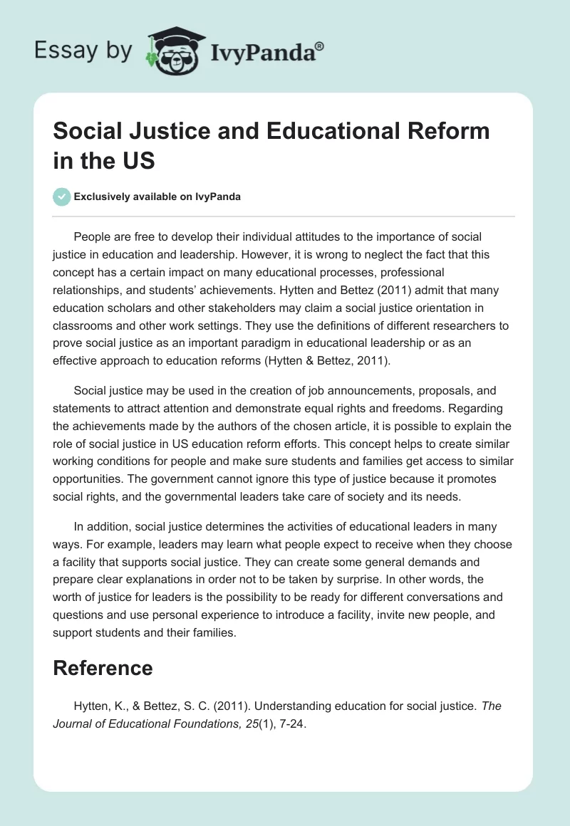 Social Justice and Educational Reform in the US. Page 1