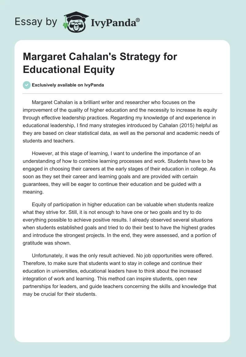 Margaret Cahalan's Strategy for Educational Equity. Page 1