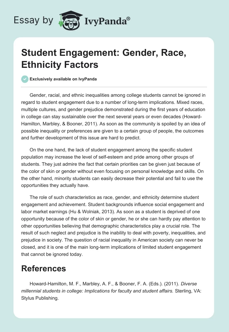 Student Engagement: Gender, Race, Ethnicity Factors. Page 1