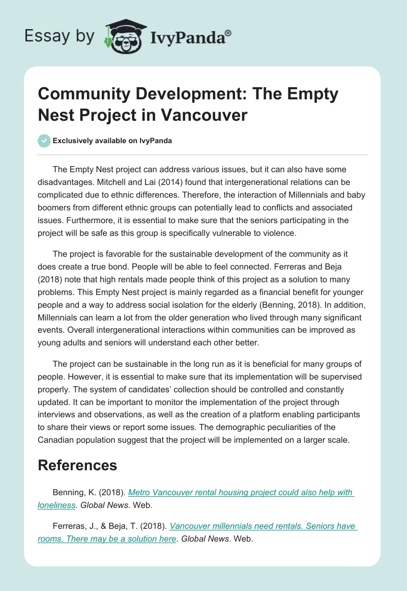 Community Development: The Empty Nest Project in Vancouver. Page 1