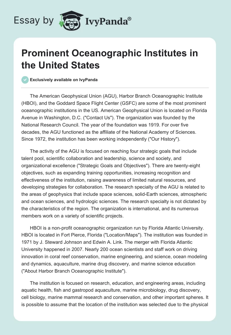 Prominent Oceanographic Institutes in the United States. Page 1