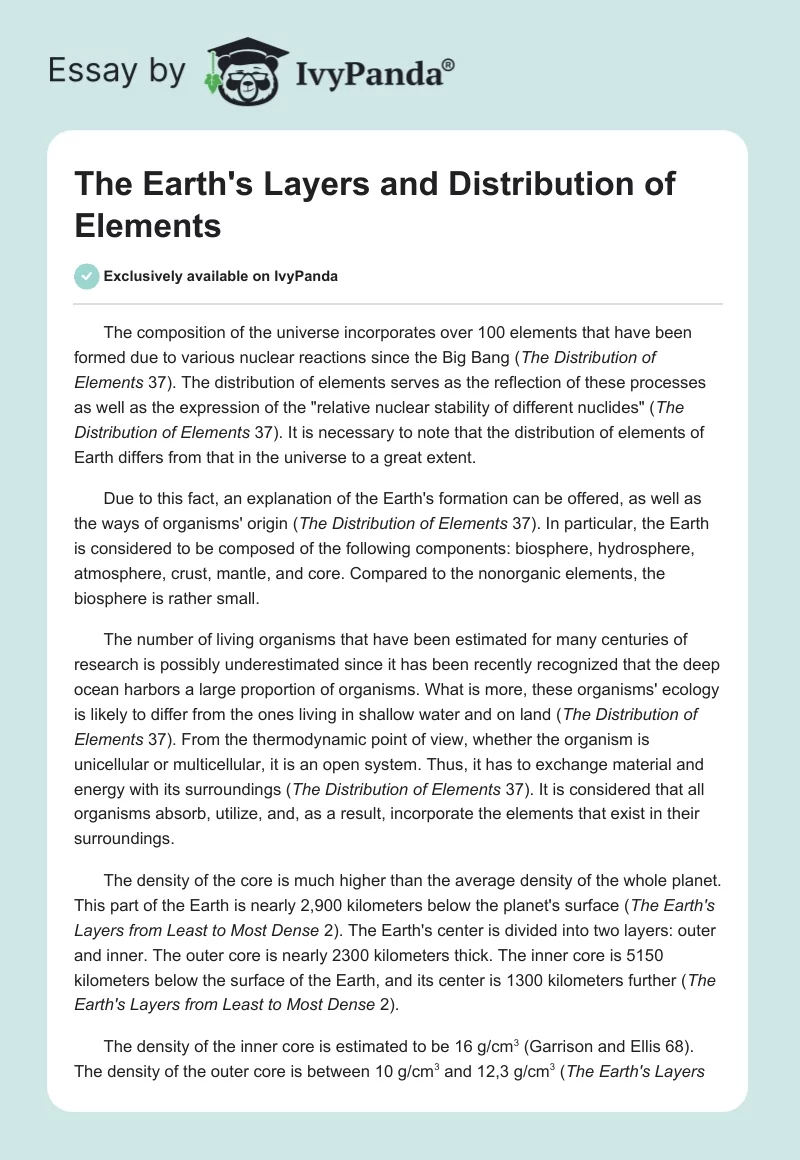 The Earth's Layers and Distribution of Elements. Page 1