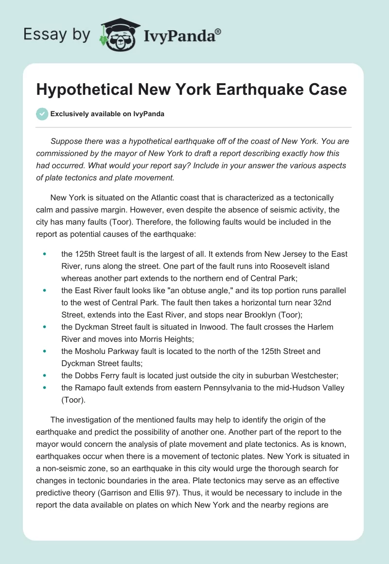 Hypothetical New York Earthquake Case. Page 1