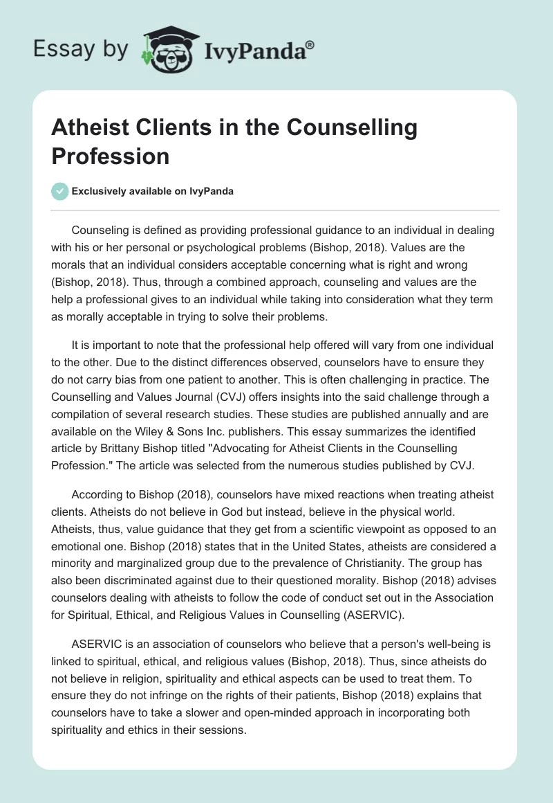 Atheist Clients in the Counselling Profession. Page 1