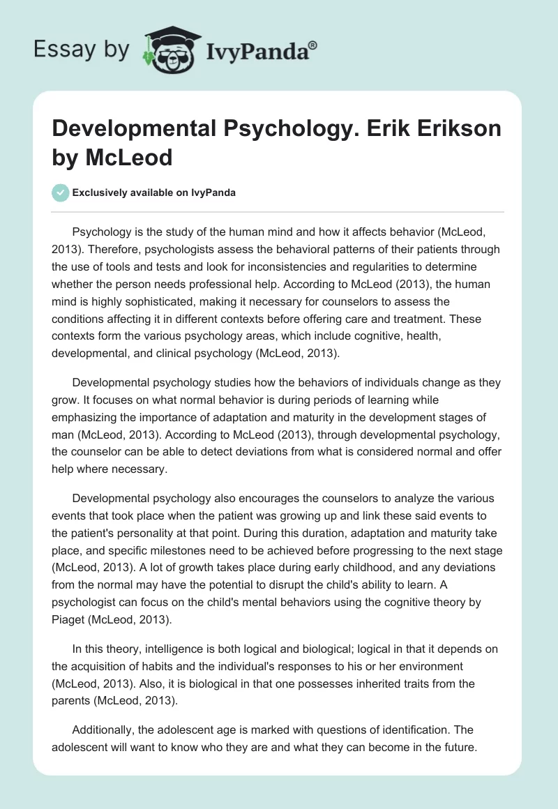 Developmental Psychology. "Erik Erikson" by McLeod. Page 1