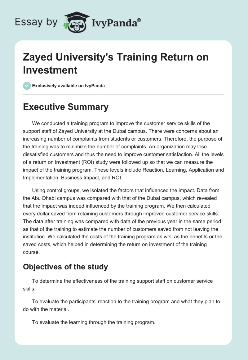 Zayed University's Training Return on Investment. Page 1