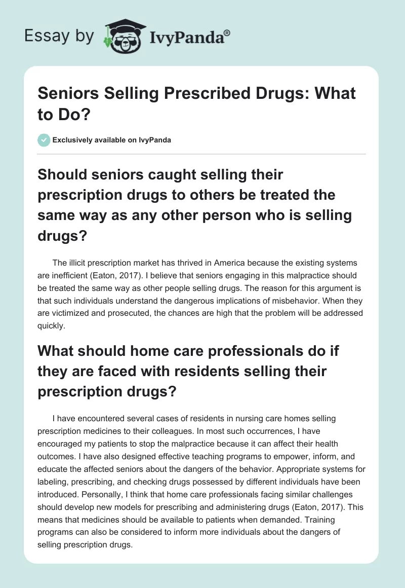 Seniors Selling Prescribed Drugs: What to Do?. Page 1