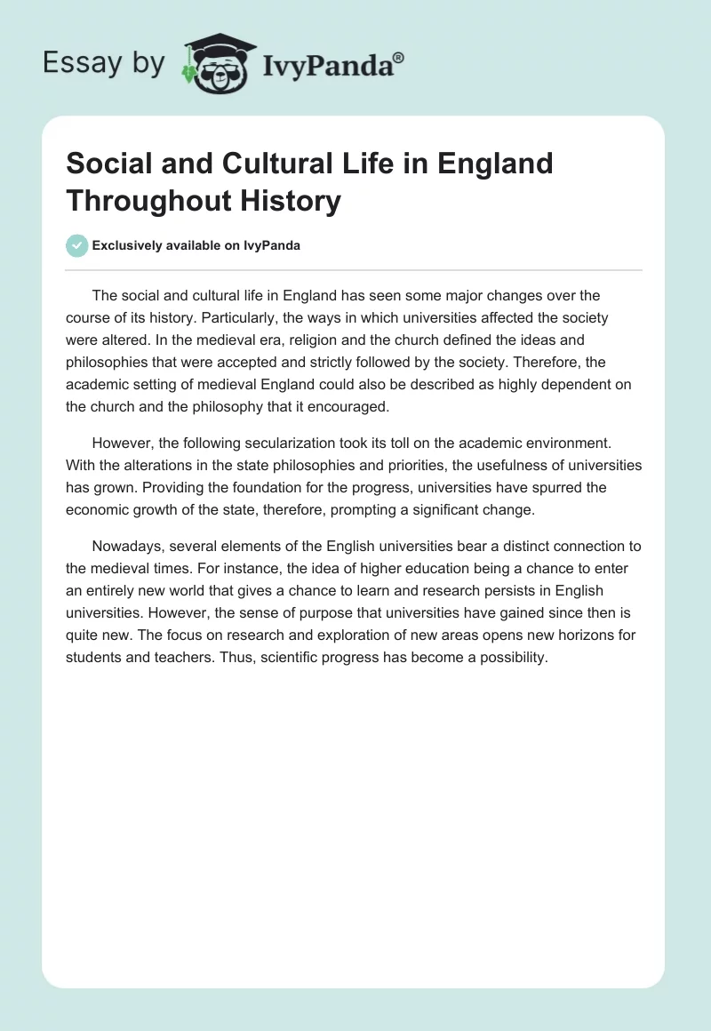 Social and Cultural Life in England Throughout History. Page 1