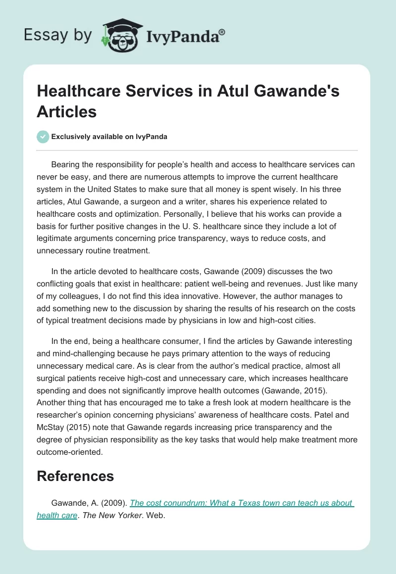 Healthcare Services in Atul Gawande's Articles. Page 1