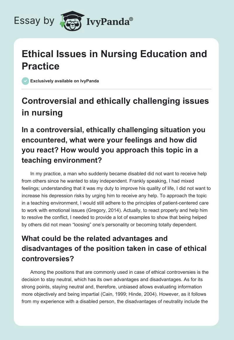 Ethical Issues in Nursing Education and Practice. Page 1