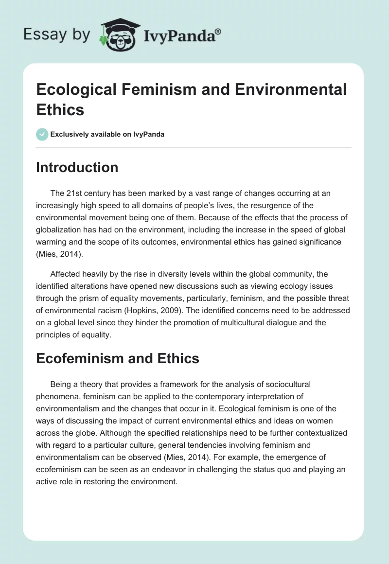 Ecological Feminism and Environmental Ethics. Page 1