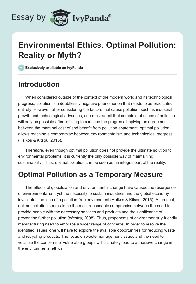 Environmental Ethics. Optimal Pollution: Reality or Myth?. Page 1