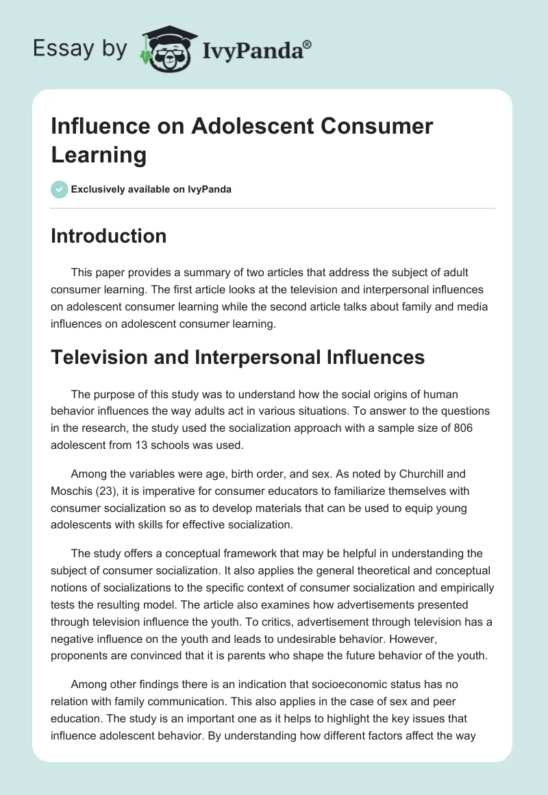 Influence on Adolescent Consumer Learning. Page 1