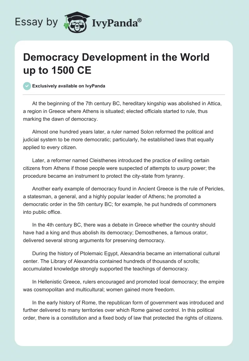 Democracy Development in the World up to 1500 CE. Page 1