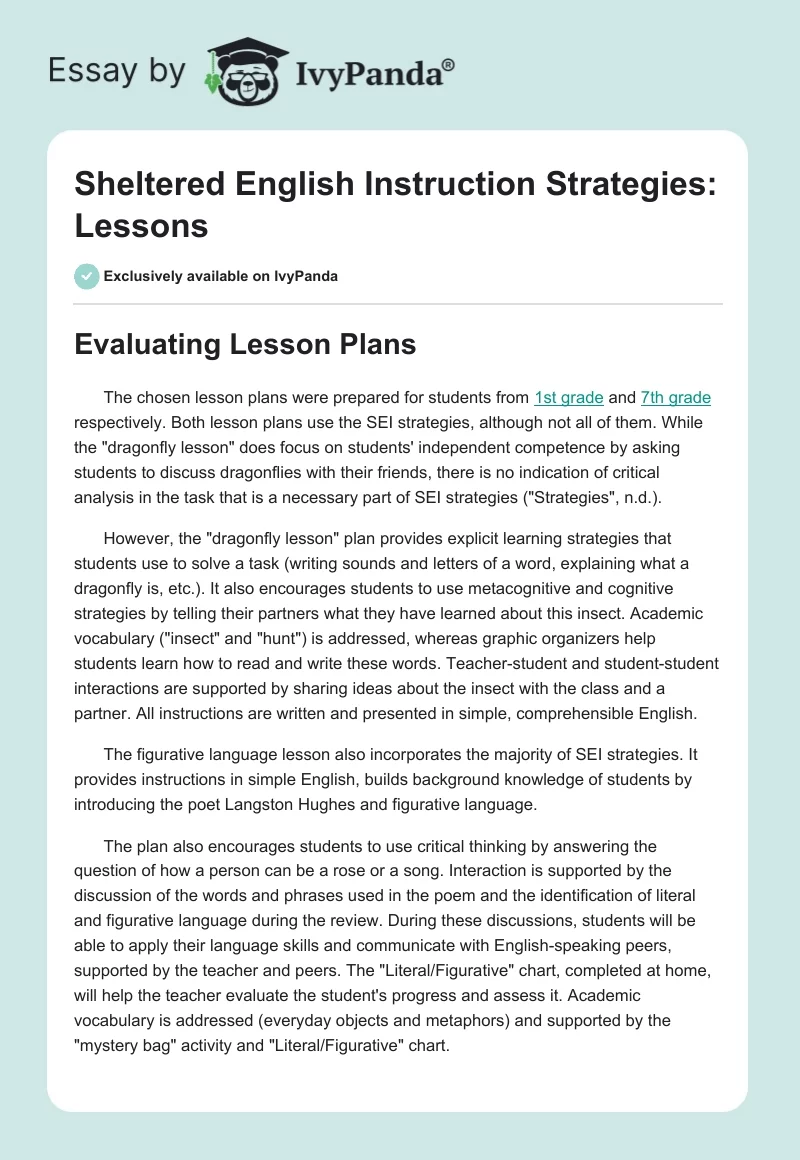 Sheltered English Instruction Strategies: Lessons. Page 1