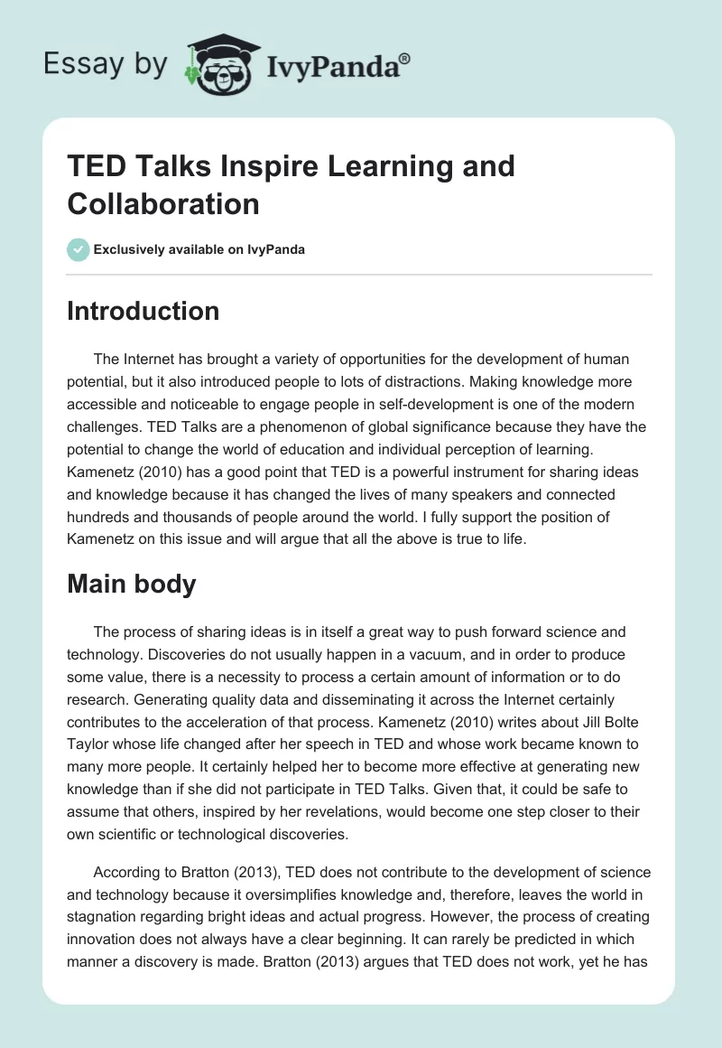TED Talks Inspire Learning and Collaboration. Page 1