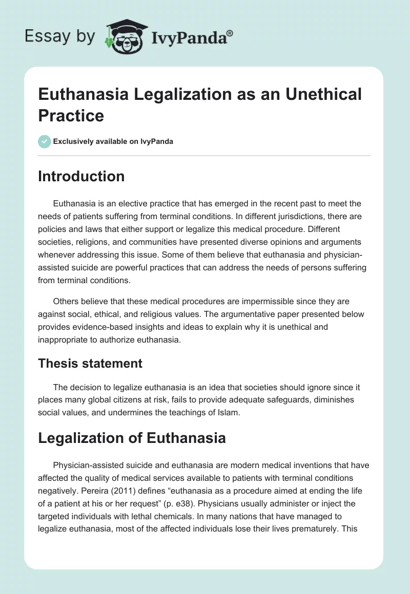Euthanasia Legalization as an Unethical Practice. Page 1