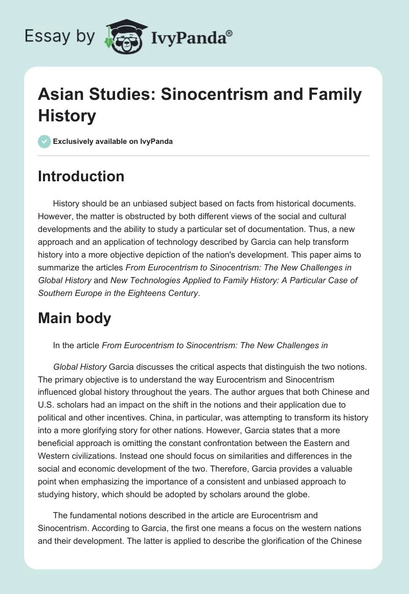 Asian Studies: Sinocentrism and Family History. Page 1