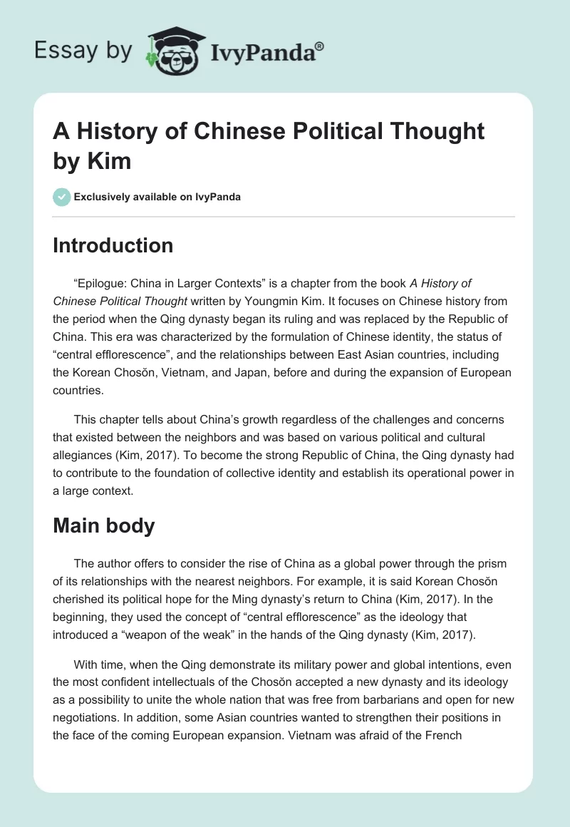 "A History of Chinese Political Thought" by Kim. Page 1
