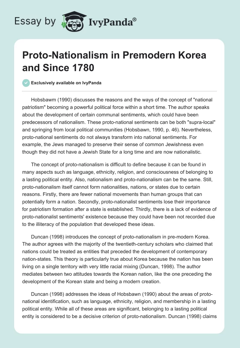 Proto-Nationalism in Premodern Korea and Since 1780. Page 1