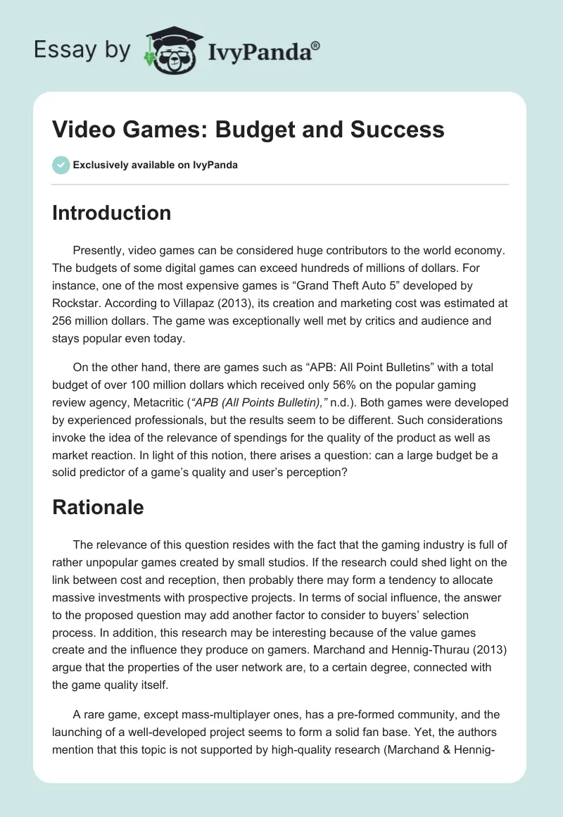 Video Games: Budget and Success. Page 1