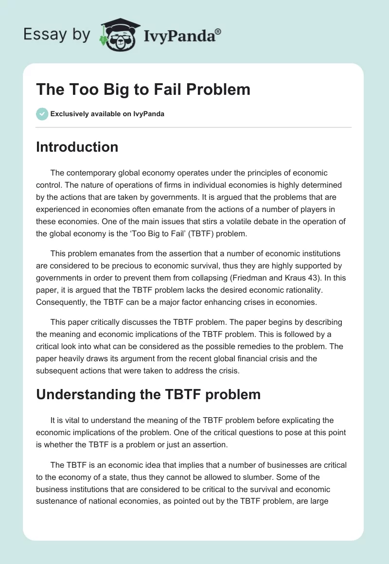 The Too Big to Fail Problem. Page 1