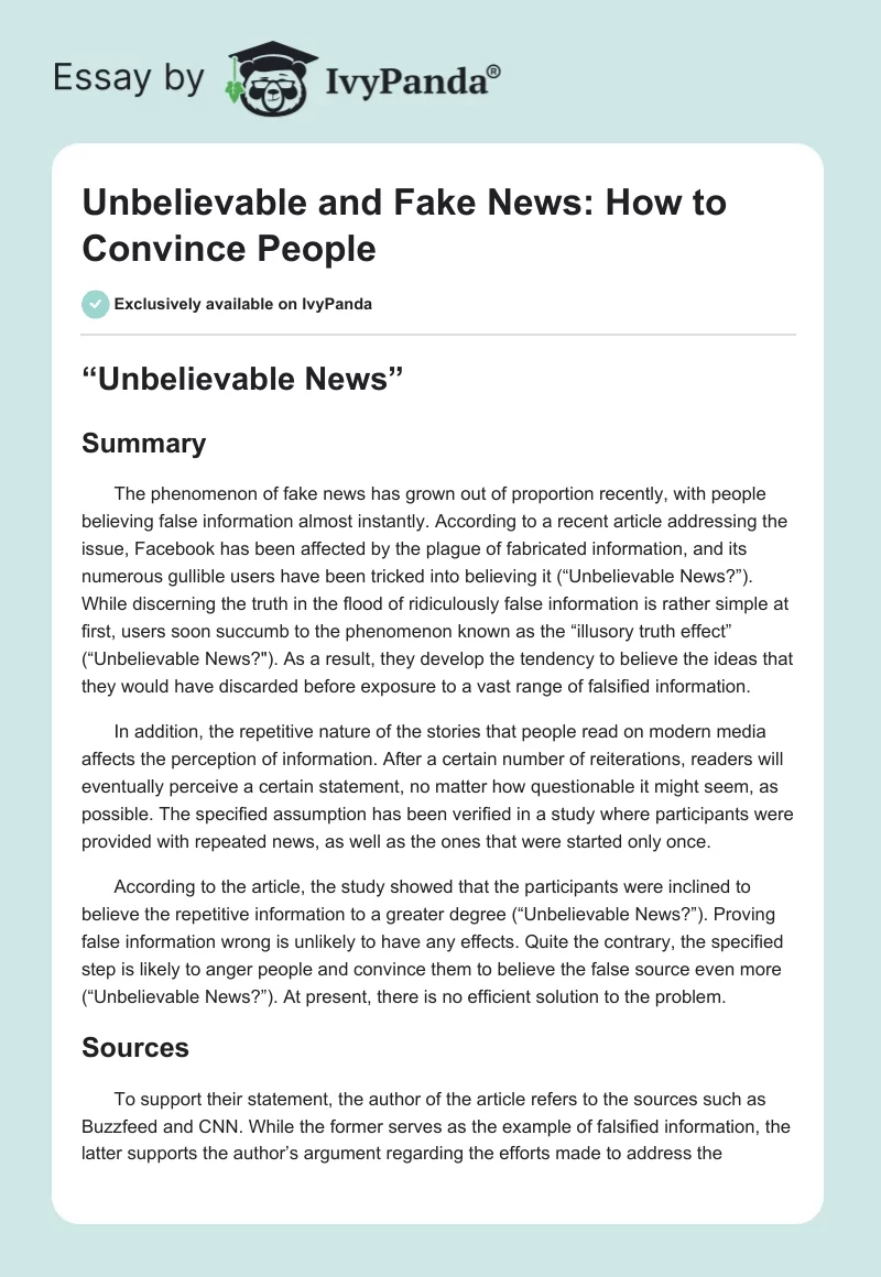 Unbelievable and Fake News: How to Convince People. Page 1