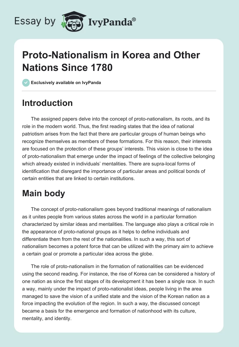 Proto-Nationalism in Korea and Other Nations Since 1780. Page 1