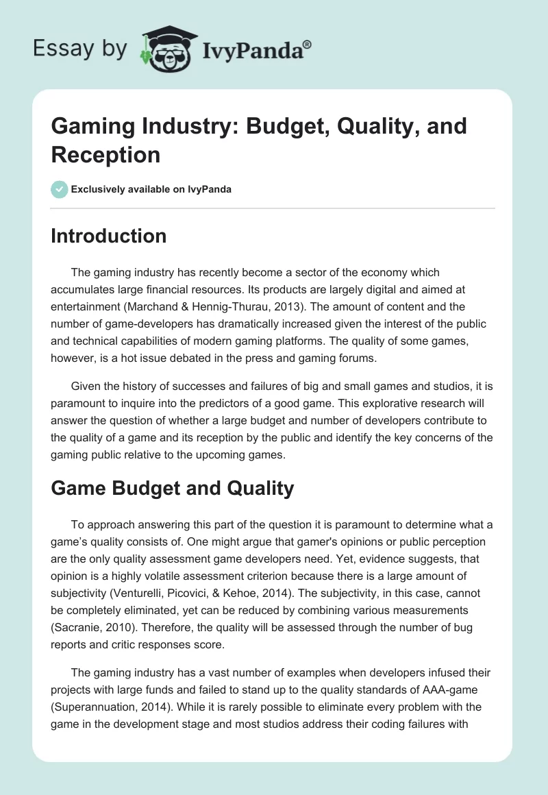 Gaming Industry: Budget, Quality, and Reception. Page 1