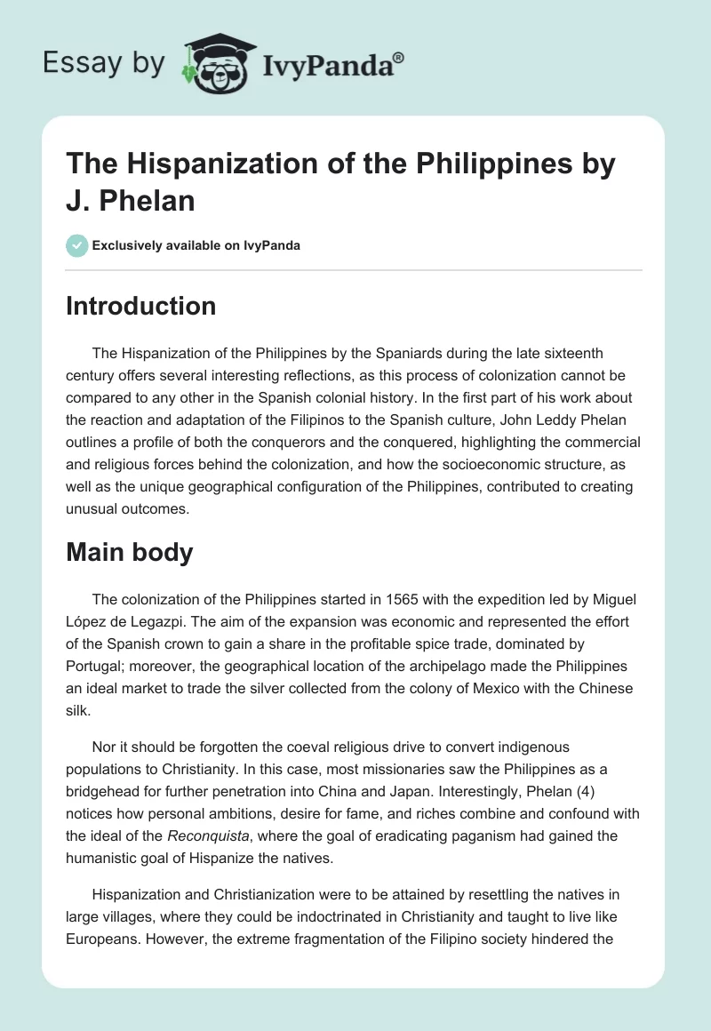 "The Hispanization of the Philippines" by J. Phelan. Page 1