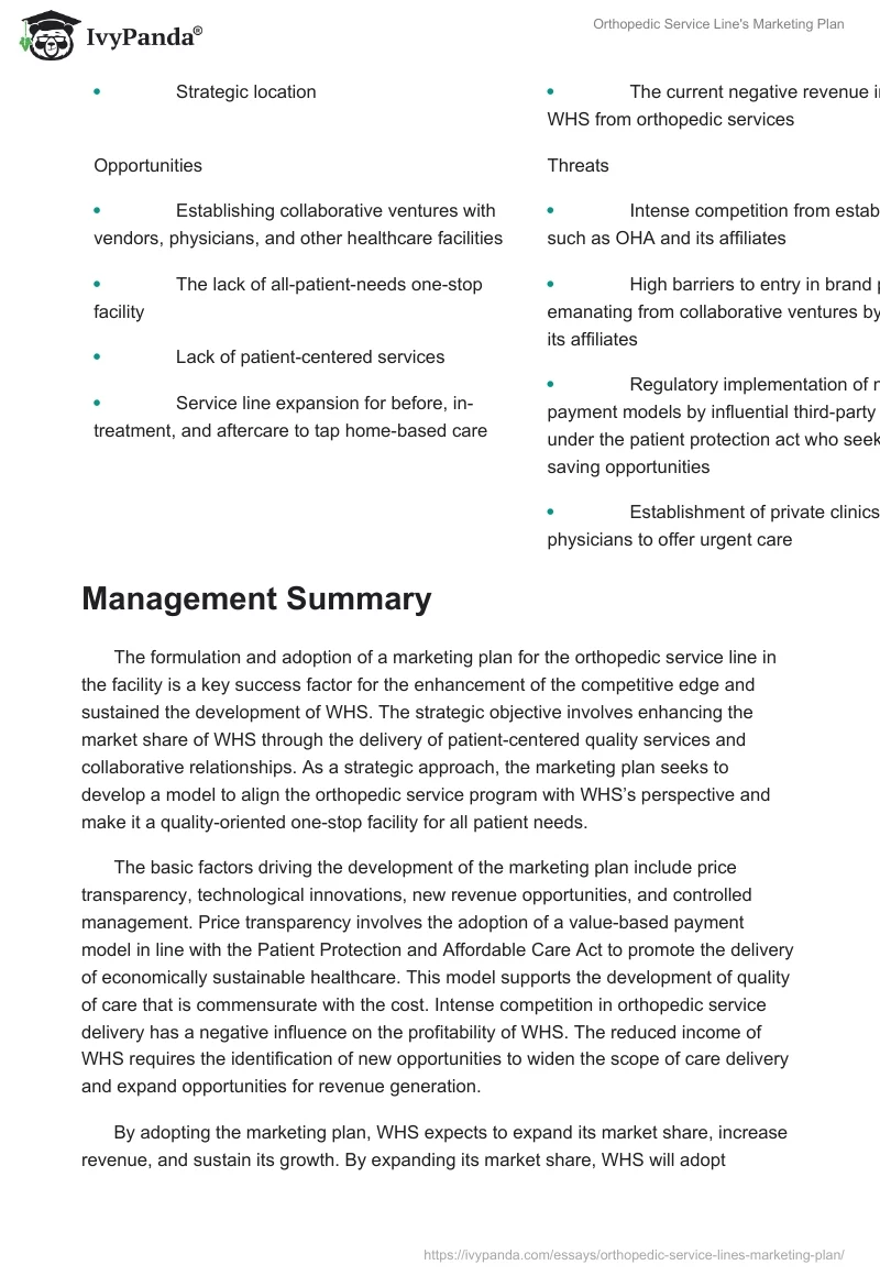 Orthopedic Service Line's Marketing Plan. Page 4