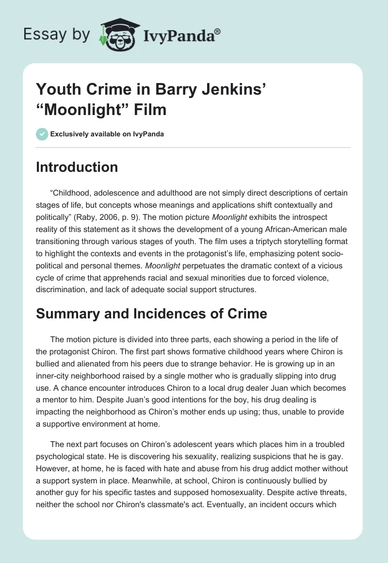 Youth Crime in Barry Jenkins’ “Moonlight” Film. Page 1